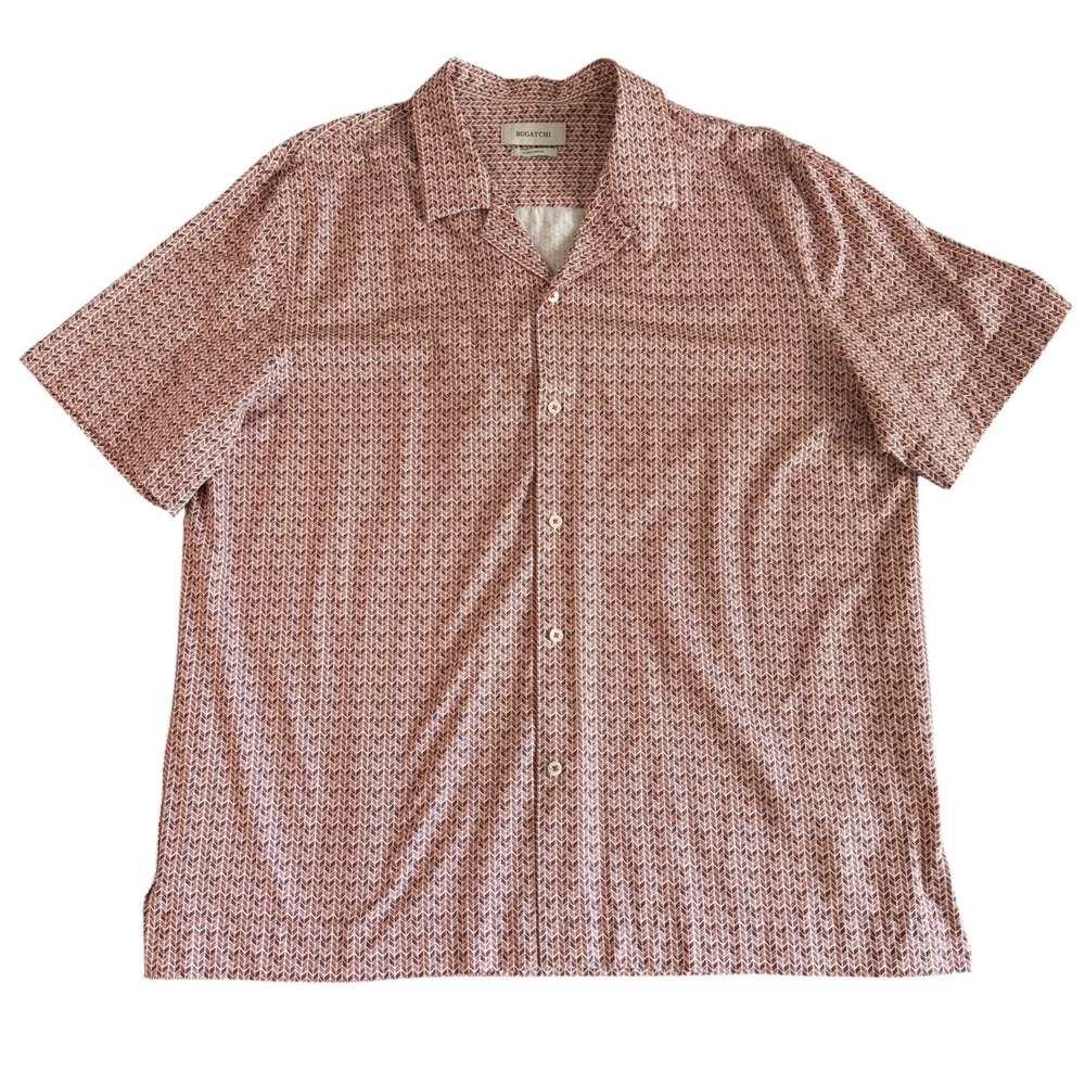 Bugatchi XL Red Short Sleeve 8-Way Stretch Geometric Button Up Men's Shirt - Picture 2 of 12